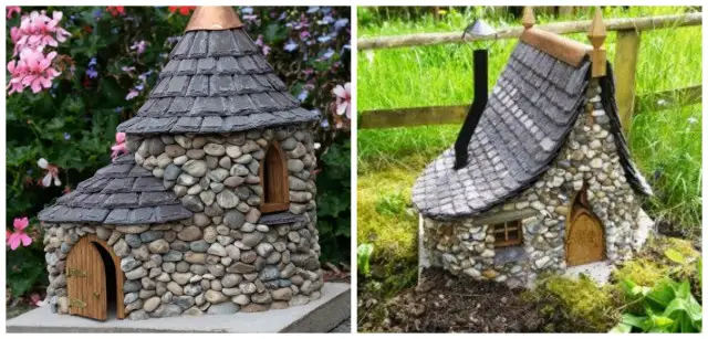 decorar el jardín con casas miniatura de piedra