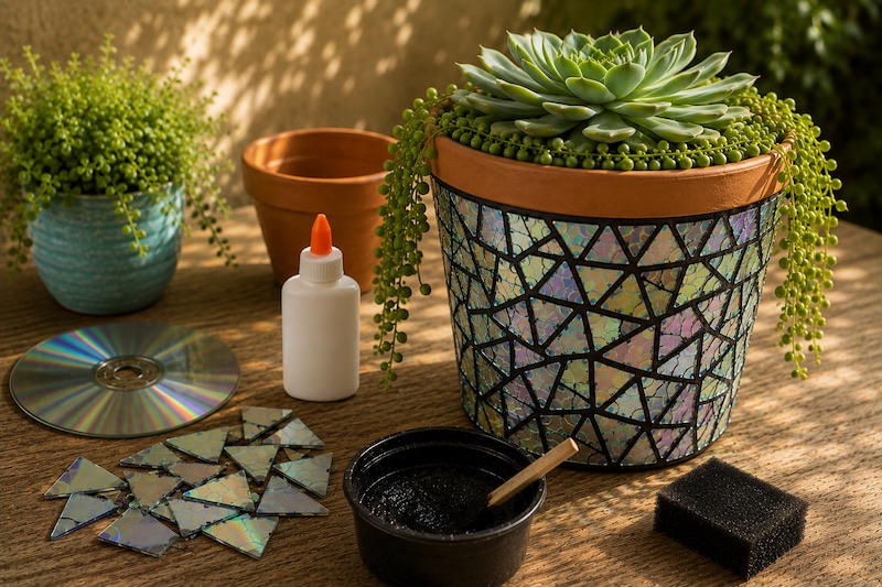 Maceta mosaico con CDs reciclados