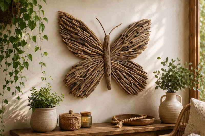 Mariposa decorativa con ramas recicladas
