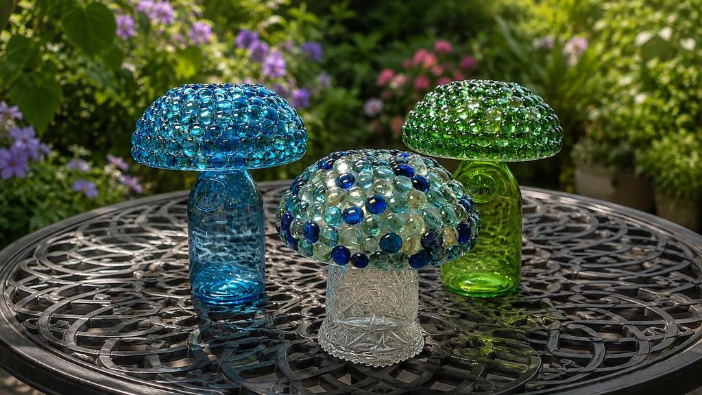 5 honguitos decorativos para el jardín hechos con recipientes de vidrio