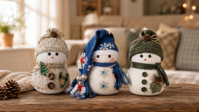 10 ideas de manualidades de otoño e invierno: muñequitos de nieve con calcetas y arroz