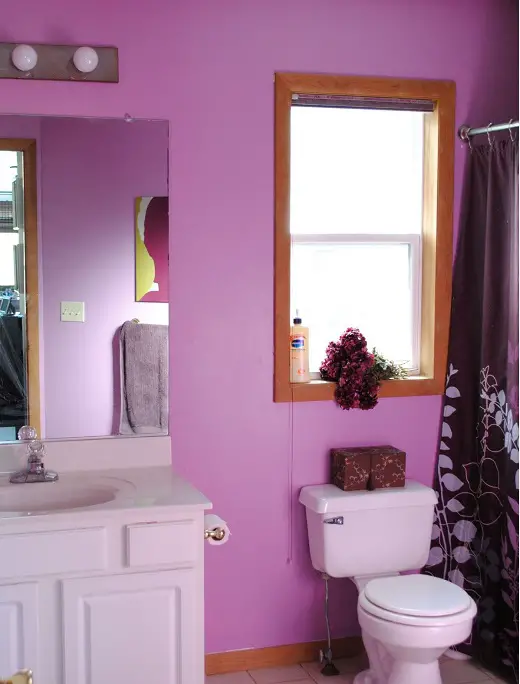 decorar un baño de color rosa y muebles rústicos