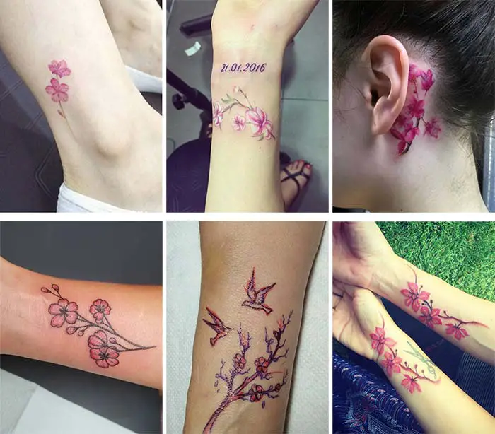 brazos, tobillos, cuello y antebrazos con tatuajes pequeños de flores de cereza