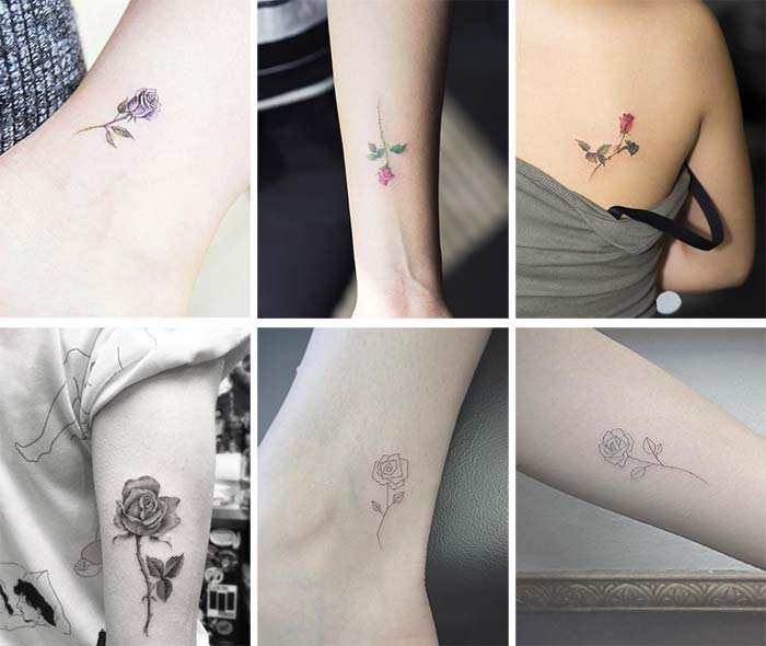 tatuajes pequeños de rosas en diferentes partes del cuerpo de la mujer