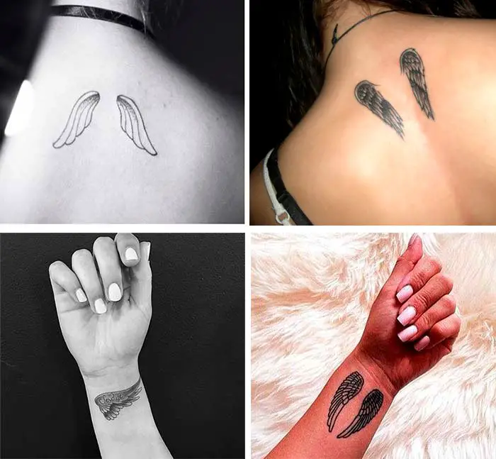 tatuajes pequeños de alas de ángel en la espalda y antebrazos de mujer