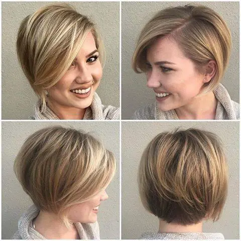 mujer rubia con un corte de pelo corto y un flequillo lateral