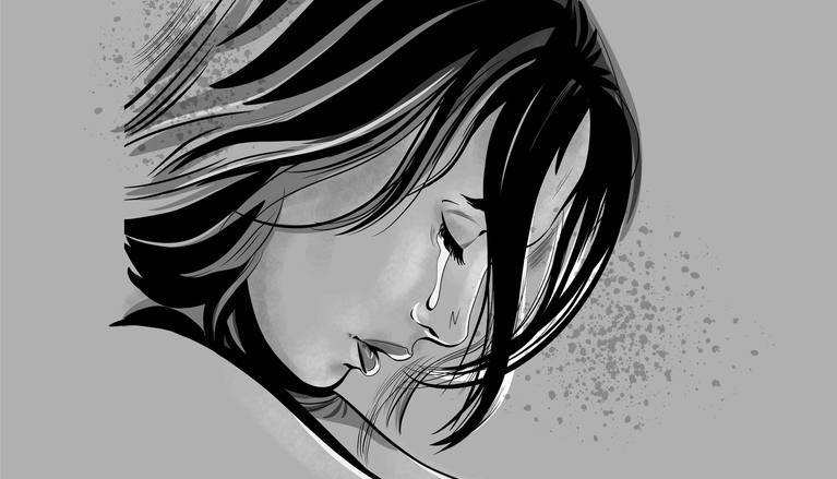 ilustración blanco y negro con mujer llorando