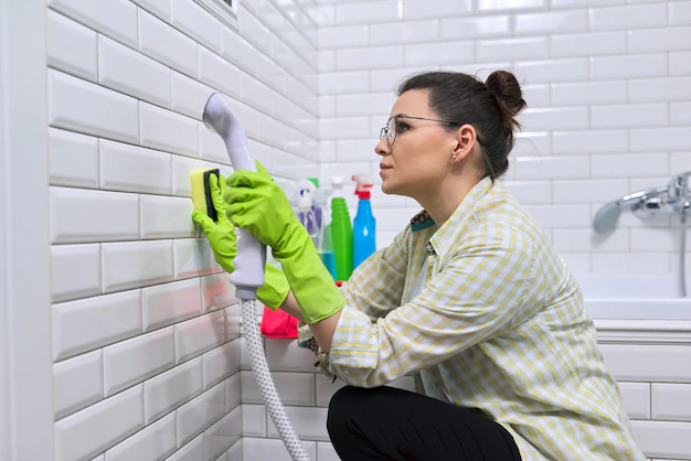 Mujer limppiando los azulejos con vapor
