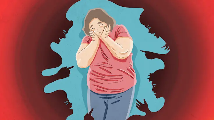 ilustración a color mostrando una mujer obesa llorando 