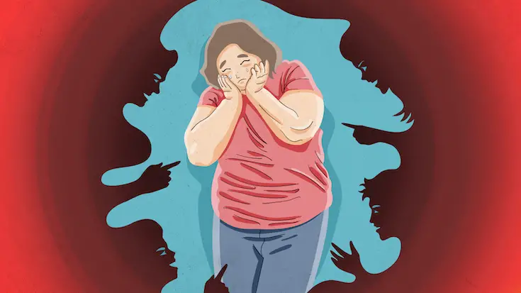 ilustración a color mostrando una mujer obesa llorando