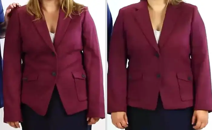 mujer vistiendo un blazer color fiucsa antes y después  