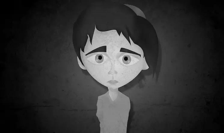 ilustración blanco y negro de niño asustado