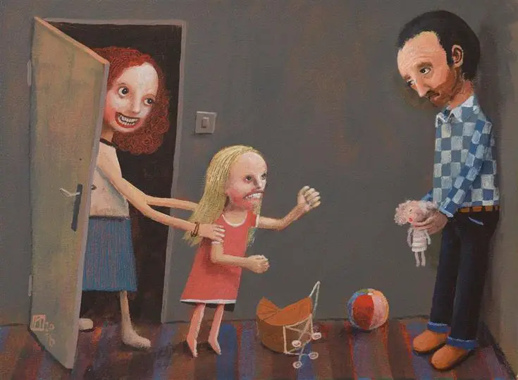ilustración de una familia de dos padres y una hija niña con juguetes