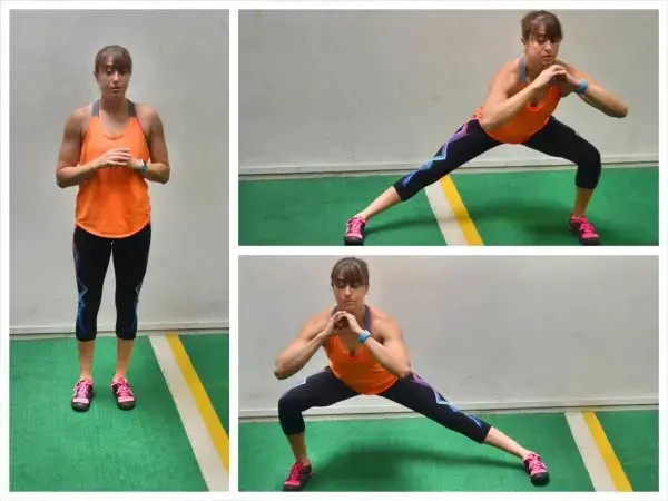 mujer joven con ropa deportiva haciendo estocada lateral