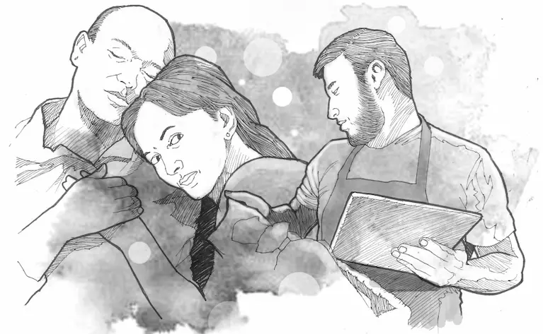 ilustración blanco y negro mujer dos hombres infidelidad