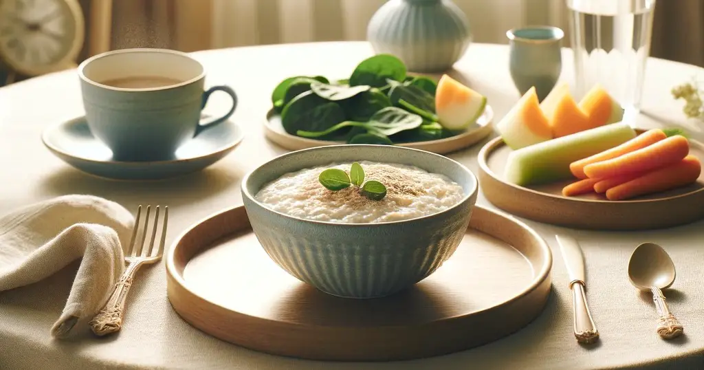Desayuno saludable para dieta blanda con cereal, frutas suaves, verduras cocidas y agua, en mesa acogedora.
