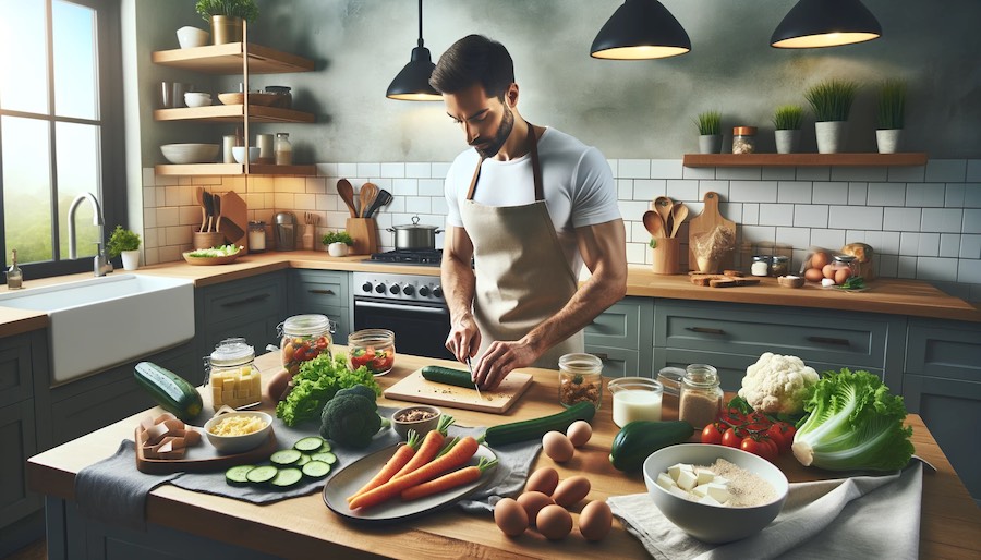 Cocinero preparando receta cetogénica, cortando verduras frescas sobre tabla de madera.